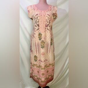 Handmade Pink & Gold Floral Embroidered Sequin Kurti Tunic Maxi Dress Size Large